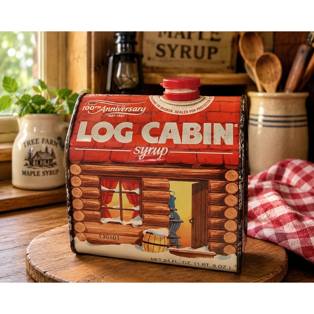 Vintage 1987 Log Cabin Syrup 100th Anniversary Empty Cabin Tin 24 Oz USA